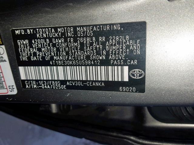 4T1BE30K65U598412 - 2005 TOYOTA CAMRY LE GRAY photo 10