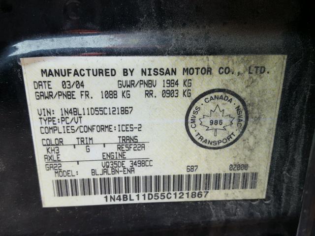 1N4BL11D55C121867 - 2005 NISSAN ALTIMA SE BLACK photo 10