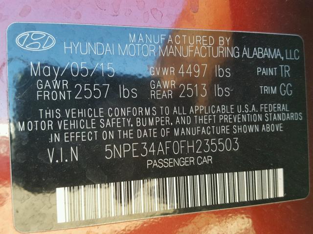 5NPE34AF0FH235503 - 2015 HYUNDAI SONATA SPO RED photo 10