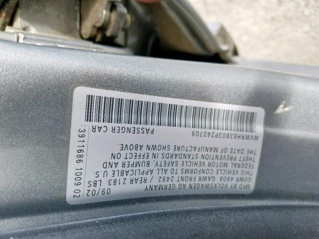 WVWRH63B03P240709 - 2003 VOLKSWAGEN PASSAT GLX SILVER photo 10