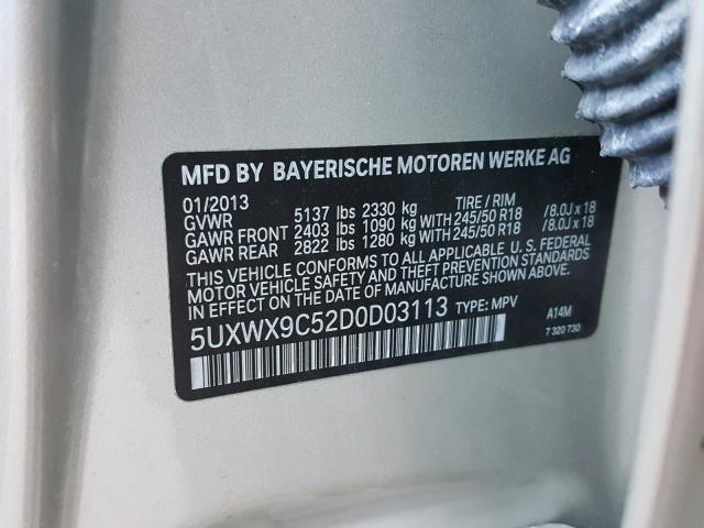 5UXWX9C52D0D03113 - 2013 BMW X3 XDRIVE2 SILVER photo 10