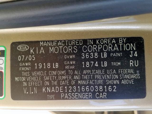 KNADE123166038162 - 2006 KIA RIO GOLD photo 10