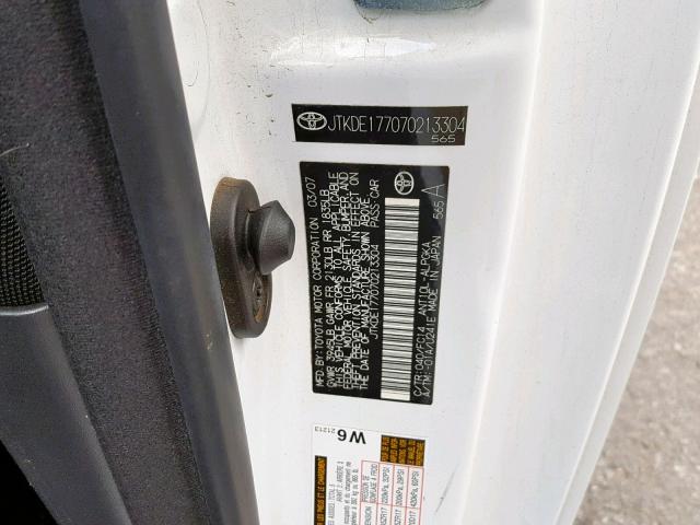 JTKDE177070213304 - 2007 TOYOTA SCION TC თეთრი ფოტო 10