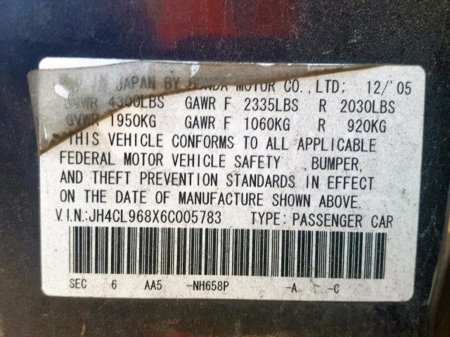 JH4CL968X6C005783 - 2006 ACURA TSX GRAY photo 10