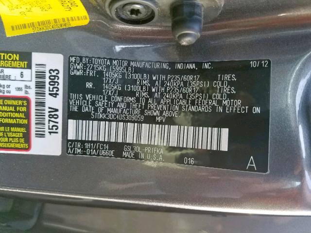 5TDKK3DC4DS309059 - 2013 TOYOTA SIENNA LE GRAY photo 10