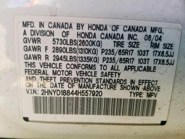 2HNYD18844H557920 - 2004 ACURA MDX TOURIN WHITE photo 10