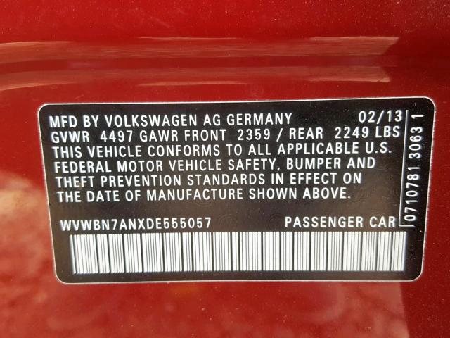 WVWBN7ANXDE555057 - 2013 VOLKSWAGEN CC SPORT RED photo 10