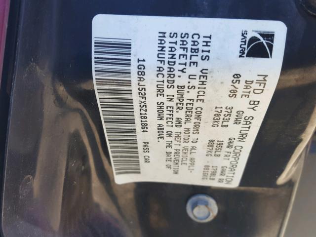 1G8AJ52FX5Z181864 - 2005 SATURN ION LEVEL BLACK photo 10
