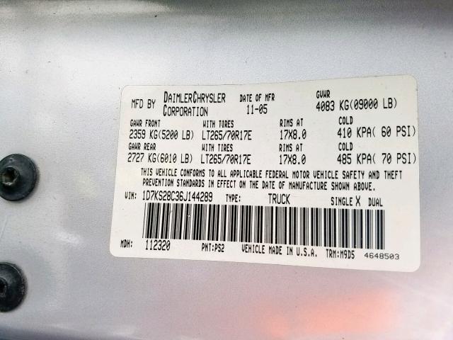 1D7KS28C36J144289 - 2006 DODGE RAM 2500 S Մոխրագույն լուսանկար 10