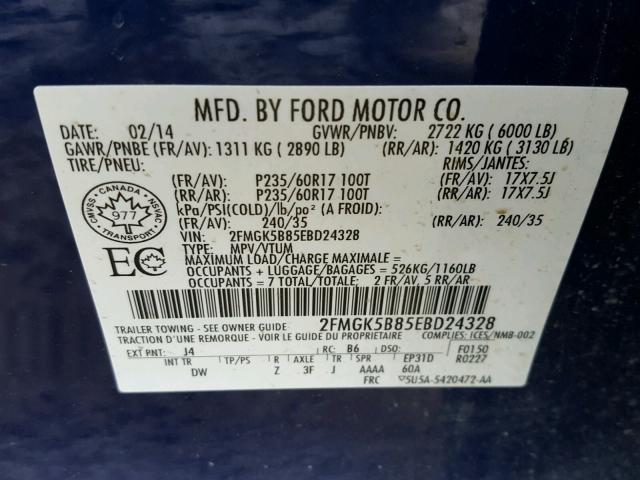 2FMGK5B85EBD24328 - 2014 FORD FLEX SE BLUE photo 10