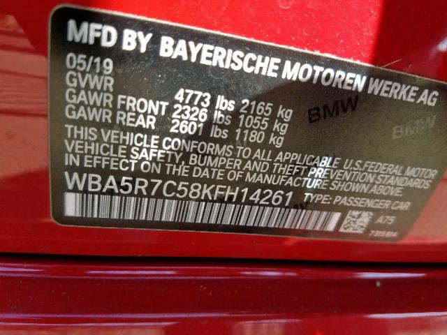WBA5R7C58KFH14261 - 2019 BMW 330XI RED photo 10