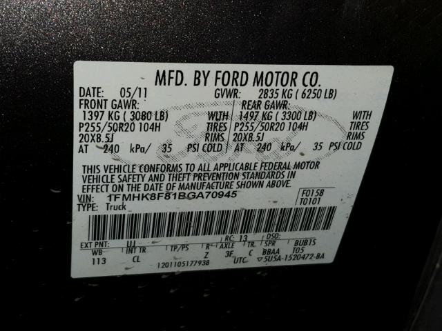 1FMHK8F81BGA70945 - 2011 FORD EXPLORER L GRAY photo 10