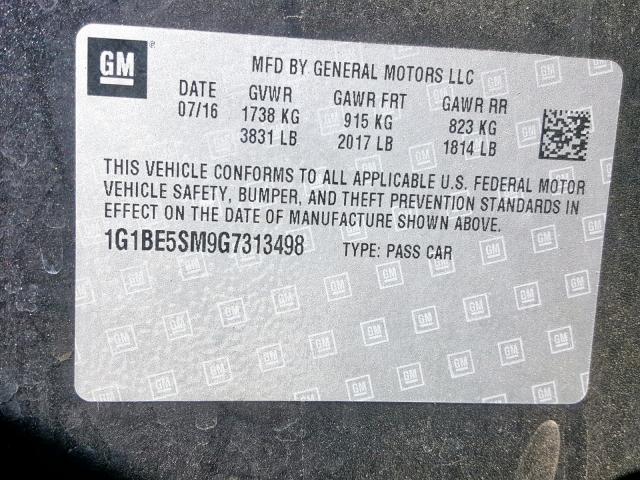 1G1BE5SM9G7313498 - 2016 CHEVROLET CRUZE LT CHARCOAL photo 10