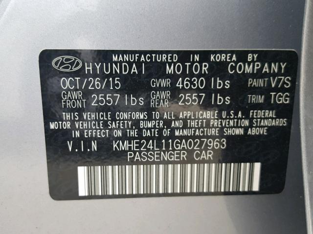 KMHE24L11GA027963 - 2016 HYUNDAI SONATA HYB GRAY photo 10