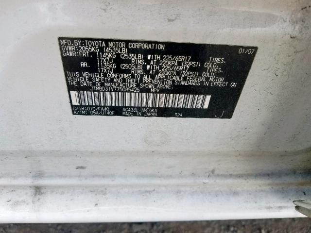 JTMBD31V775085425 - 2007 TOYOTA RAV4 LIMIT WHITE photo 10