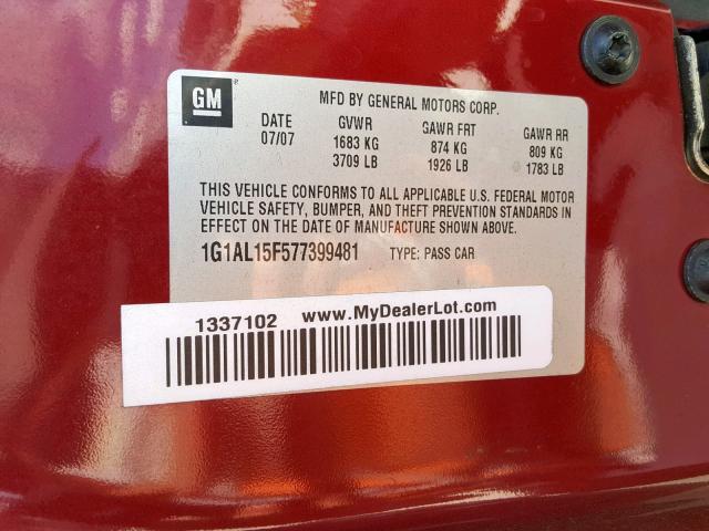 1G1AL15F577399481 - 2007 CHEVROLET COBALT LT MAROON photo 10