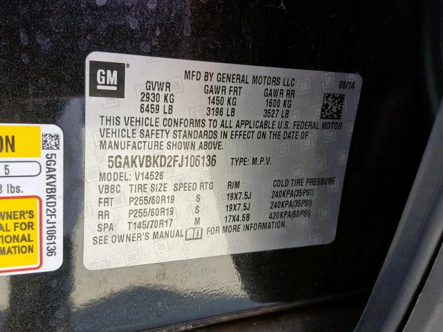 5GAKVBKD2FJ106136 - 2015 BUICK ENCLAVE BLACK photo 10