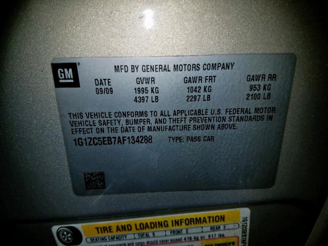 1G1ZC5EB7AF134288 - 2010 CHEVROLET MALIBU 1LT 金色 照片 10