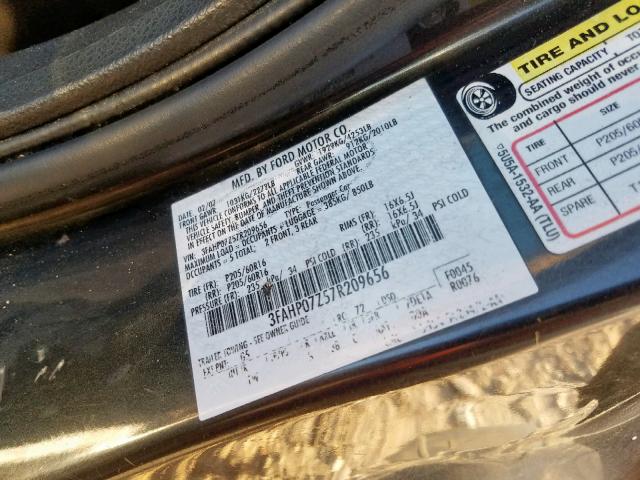 3FAHP07Z57R209656 - 2007 FORD FUSION SE BLACK photo 10