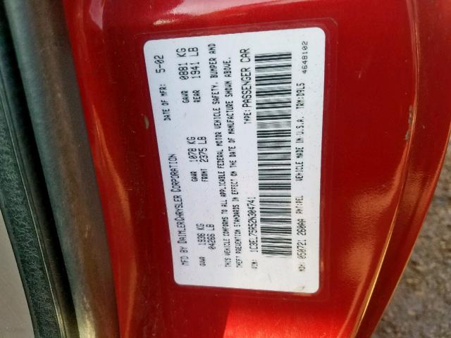 1C3EL75R52N304741 - 2002 CHRYSLER SEBRING GT RED photo 10