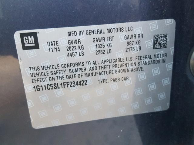 1G11C5SL1FF234422 - 2015 CHEVROLET MALIBU 1LT 蓝色 照片 10