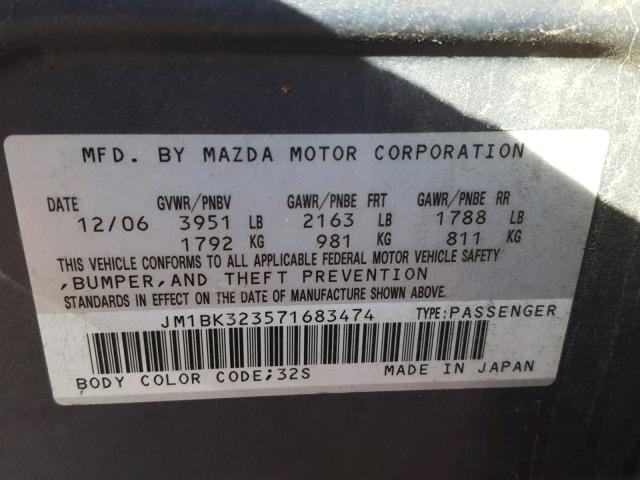 JM1BK323571683474 - 2007 MAZDA 3 S GRAY photo 10