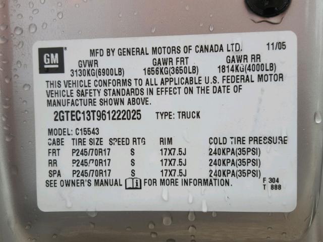 2GTEC13T961222025 - 2006 GMC NEW SIERRA BEIGE photo 10