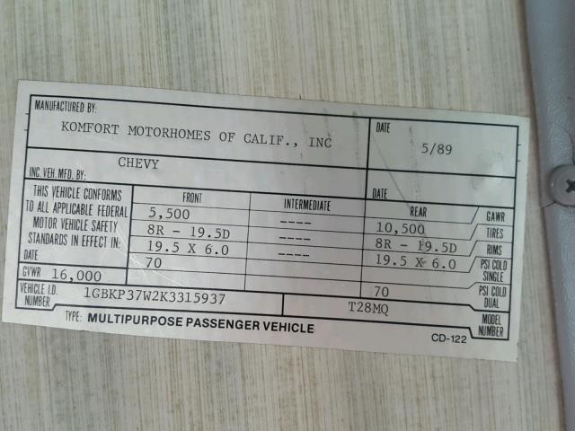 1GBKP37W2K3315937 - 1994 KOMF MOTORHOME WHITE photo 10