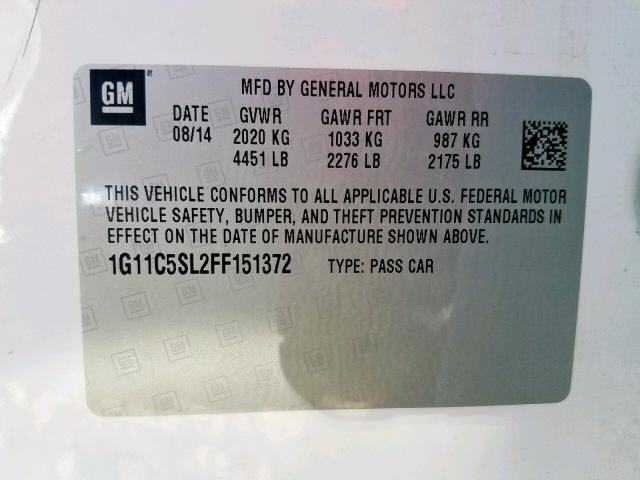 1G11C5SL2FF151372 - 2015 CHEVROLET MALIBU 1LT 白色 照片 10