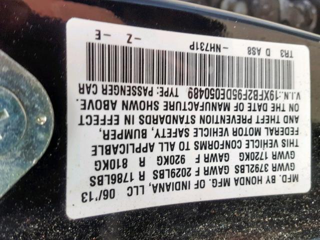 19XFB2F95DE050489 - 2013 HONDA CIVIC EXL 黑色 照片 10