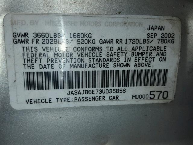 JA3AJ86E73U035858 - 2003 MITSUBISHI LANCER OZ SILVER photo 10