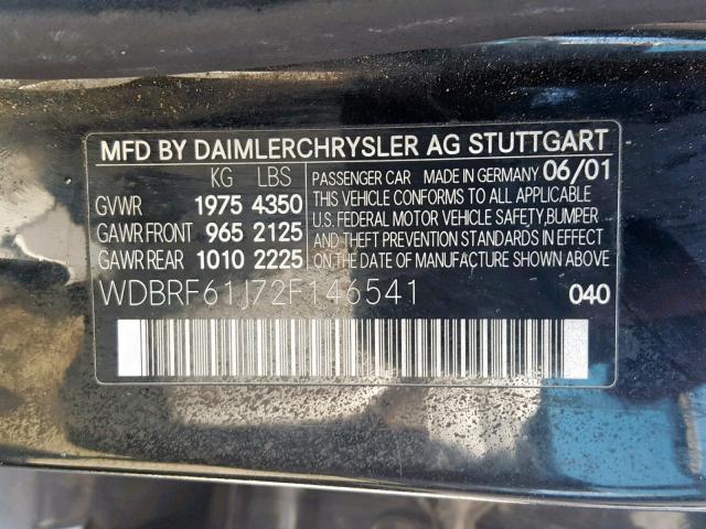 WDBRF61J72F146541 - 2002 MERCEDES-BENZ C 240 BLACK photo 10