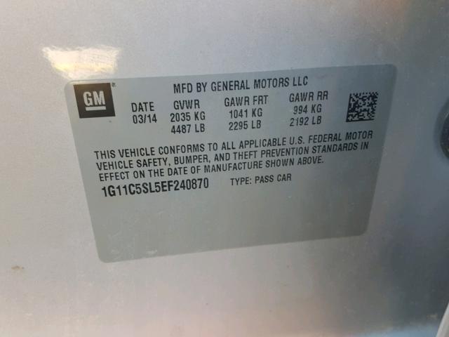 1G11C5SL5EF240870 - 2014 CHEVROLET MALIBU 1LT SILVER photo 10