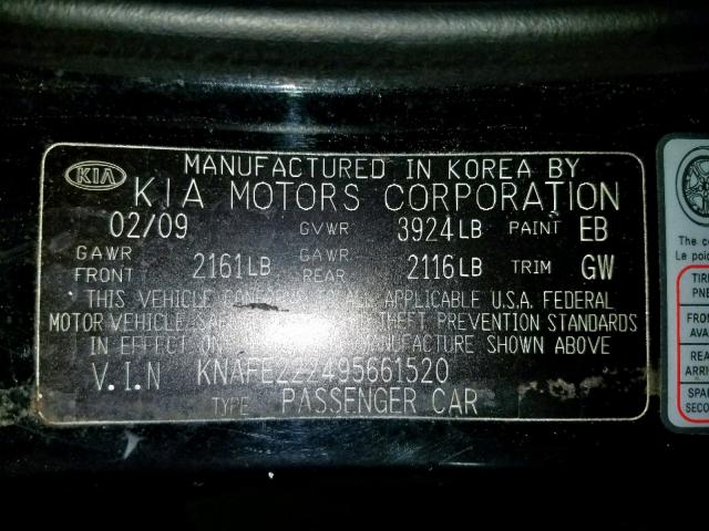 KNAFE222495661520 - 2009 KIA SPECTRA EX BLACK photo 10