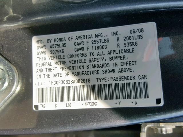 1HGCP36828A082618 - 2008 HONDA ACCORD EXL CHARCOAL photo 10