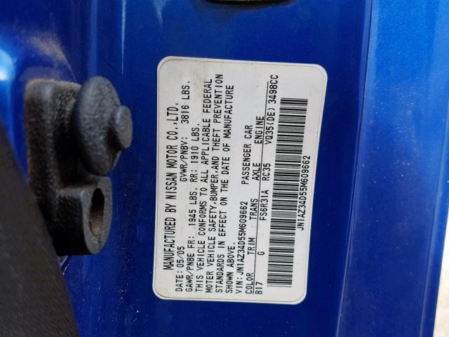 JN1AZ34D55M609662 - 2005 NISSAN 350Z COUPE BLUE photo 10