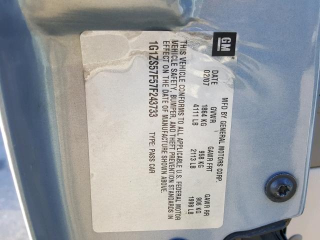 1G1ZS57F57F243733 - 2007 CHEVROLET MALIBU LS 蓝色 照片 10