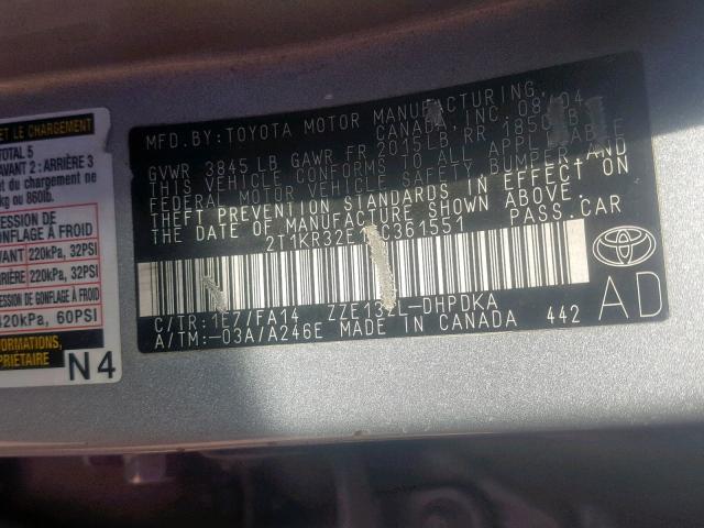 2T1KR321C361551 - 2005 TOYOTA MATRIX 银色 照片 10