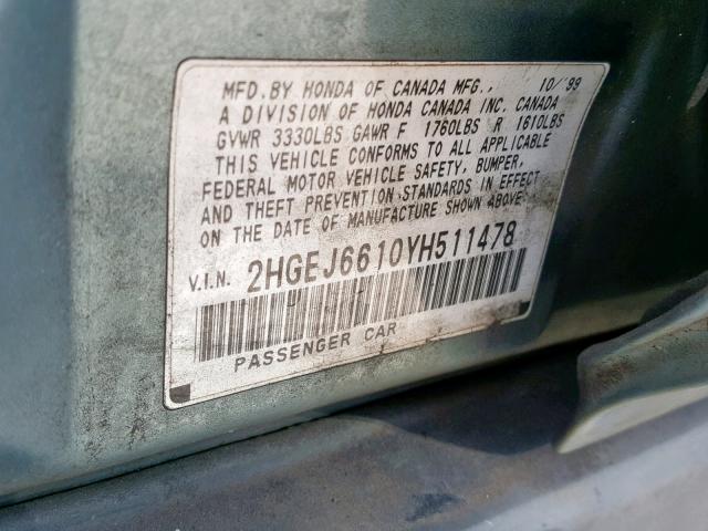 2HGEJ6610YH511478 - 2000 HONDA CIVIC BASE GREEN photo 10