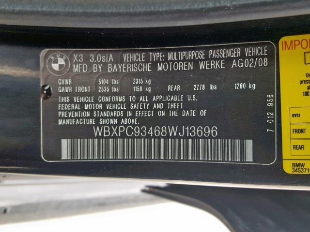 WBXPC93468WJ13696 - 2008 BMW X3 3.0SI BLACK photo 10