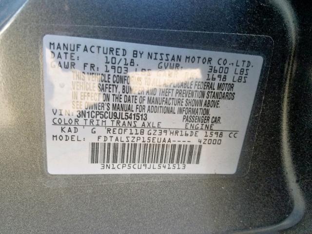 3N1CP5CU9JL541513 - 2018 NISSAN KICKS S GRAY photo 10