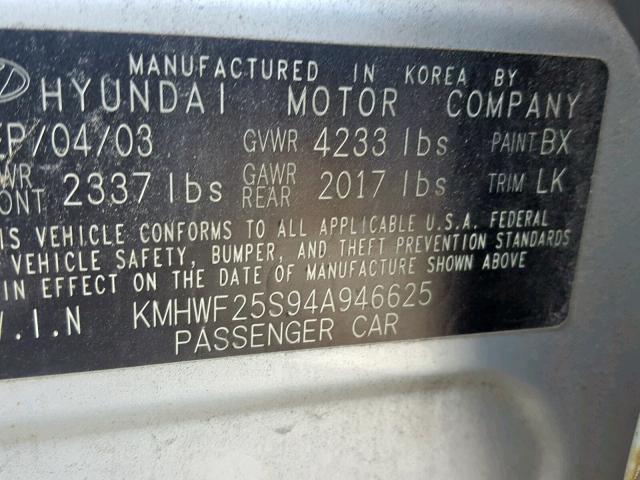 KMHWF25S94A946625 - 2004 HYUNDAI SONATA GL SILVER photo 10