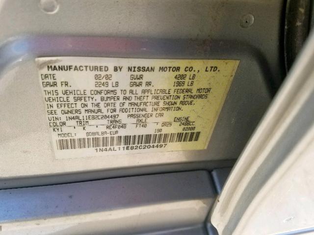 1N4AL11E82C204497 - 2002 NISSAN ALTIMA BAS SILVER photo 10