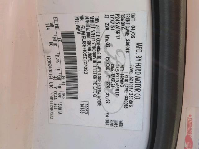 5LMEU88H05ZJ27023 - 2005 LINCOLN AVIATOR 白色 照片 10