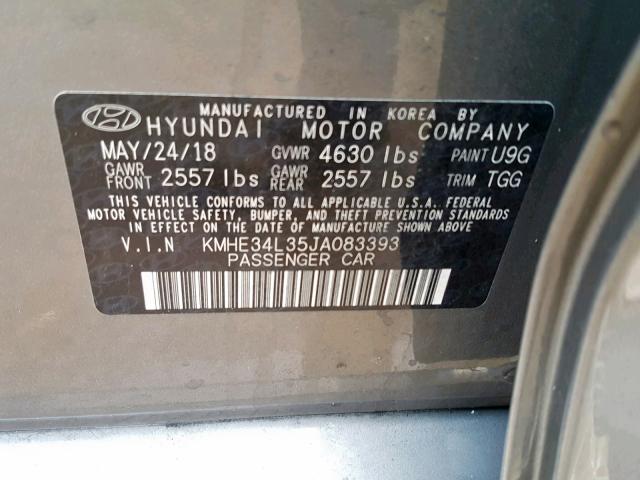 KMHE34L35JA083393 - 2018 HYUNDAI SONATA HYB GRAY photo 10