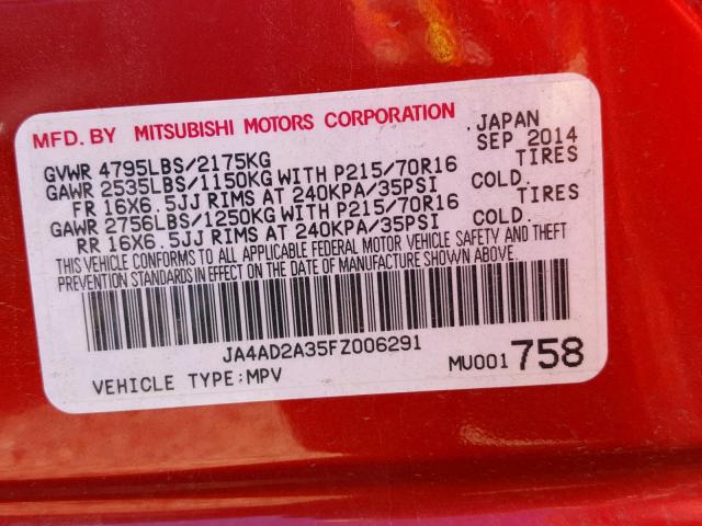 JA4AD2A35FZ006291 - 2015 MITSUBISHI OUTLANDER RED photo 10