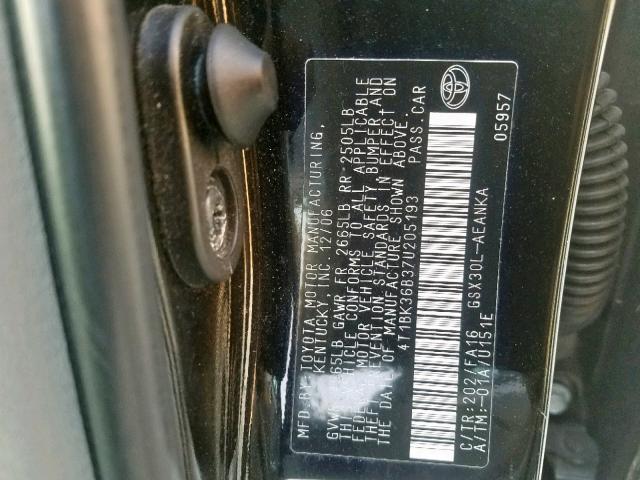 4T1BK36B37U205193 - 2007 TOYOTA AVALON XL BLACK photo 10