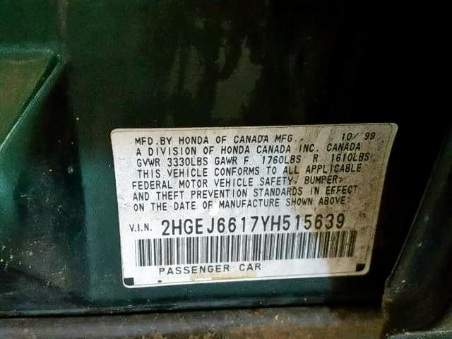 2HGEJ6617YH515639 - 2000 HONDA CIVIC BASE GREEN photo 10