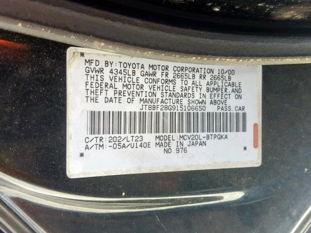 JT8BF28G915106650 - 2001 LEXUS ES 300 BLACK photo 10