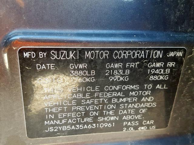 JS2YB5A35A6310961 - 2010 SUZUKI SX4 GRAY photo 10